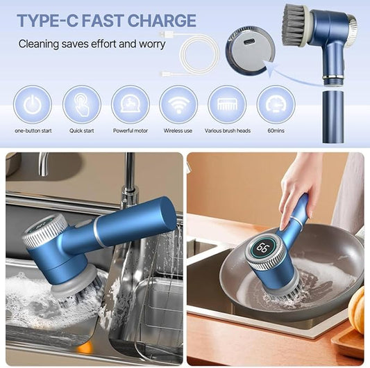 Electric Spin Scrubber | Cordless Rechargeable Cleaning Brush with 5 Replaceable Heads & 3 Speed Modes